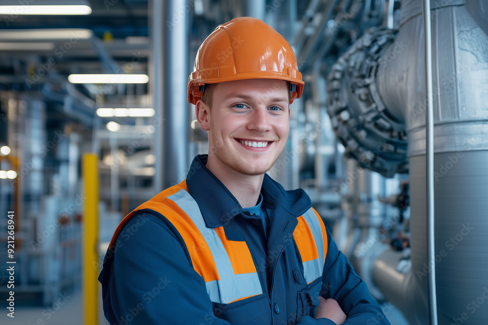 Young Male Project Engineer in Industrial Facility, Wearing Safety Gear and Smiling Young Male Project Engineer in Industrial Facility, Wearing Safety Gear and Smiling