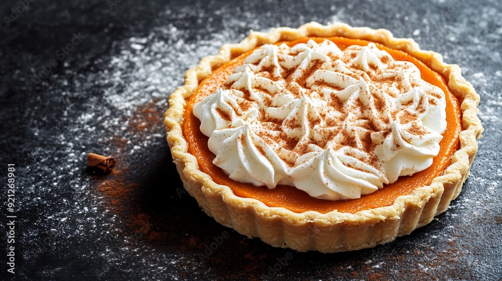 A bright orange pumpkin pie with whipped cream on top, placed on a dark, textured charcoal concrete background, with a dusting of cinnamon for accent A bright orange pumpkin pie with whipped cream on top, placed on a dark, textured charcoal concrete background, with a dusting of cinnamon for accent