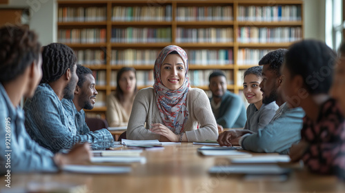 Diverse Group of Professionals Engaged in a Round Table Discussion in a Library