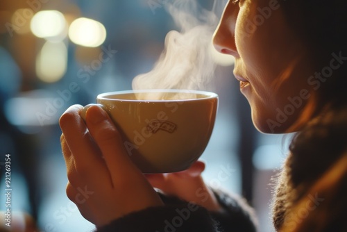 Woman Inhaling Steam From a Cup of Coffee