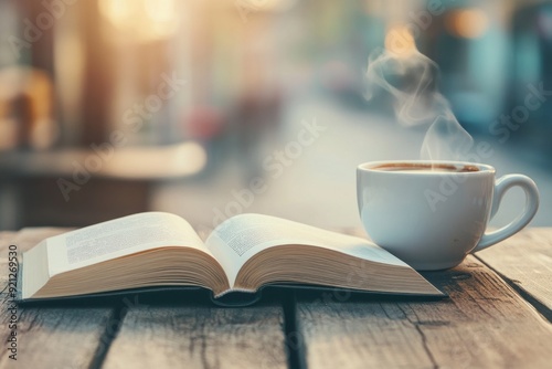 A steaming cup of coffee and an open book on a wooden table