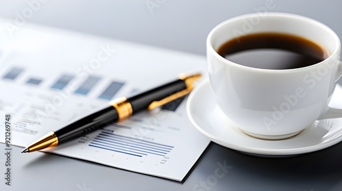  A close-up of a business plan document, with charts, graphs, and notes, alongside a pen and a cup of coffee, representing the planning phase