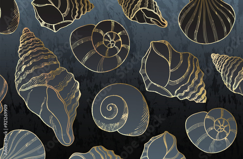 Gold line seashell decoration on blue watercolor background design, Flyer or presentation in vintage style. Ocean sea shells oyster elements.. Hand drawn line underwater luxury art
