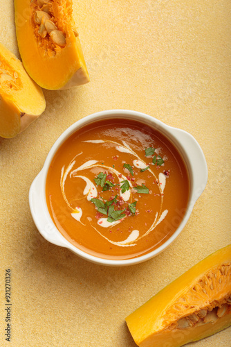 Creamy pumpkin soup bowl on warm yellow beige background with parsley and pink pepper, a cozy autumn meal option