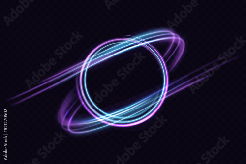 Light trail wave effect. Abstract motion lines, glowing headlights and optical fiber, PNG glow curve swirl, road car headlights and glowing white speed lines on a swirl light on the road.
