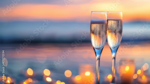 Romantic Sunset Toast With Champagne Glasses on the Beach