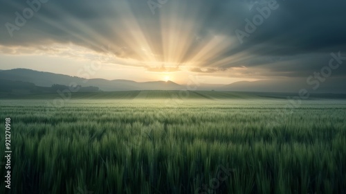 Sunrise Over Rolling Hills With Rays Illuminating Golden Fields