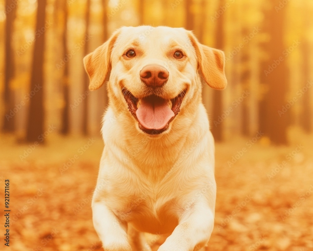 Joyful Dog Running Through Autumn Forest at Sunset, Embracing Nature and Freedom Joyful Dog Running Through Autumn Forest at Sunset, Embracing Nature and Freedom