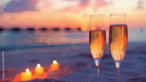 Romantic Sunset Toast With Champagne Glasses on the Beach
