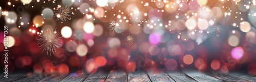 Colorful Fireworks Display Over Blurred Holiday Lights At Night