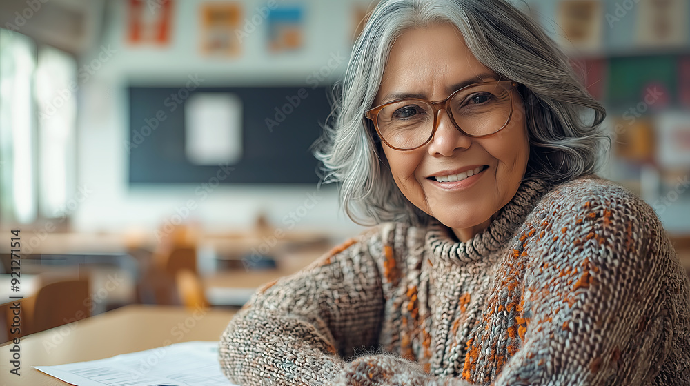 Confident Senior Female Teacher Smiling in Classroom Confident Senior Female Teacher Smiling in Classroom