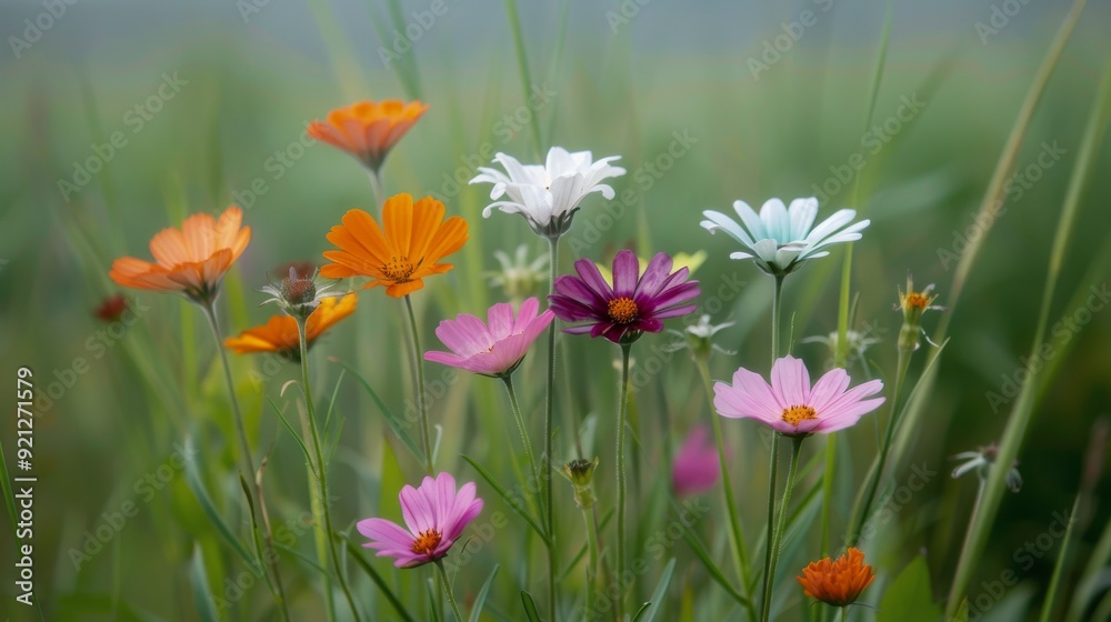 Fototapeta premium Colorful Wildflowers Blooming in Meadow During Early Morning Light