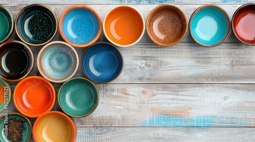 Colorful Ceramic Bowls Arranged on Weathered Wooden Surface