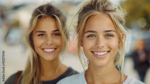 Two Young Women Smiling Together in Cozy Sweaters Indoors on a Bright Day