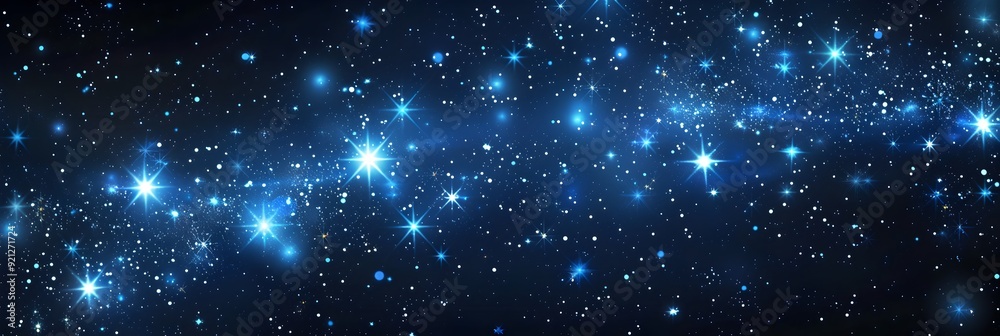 Fototapeta premium dark blue background with stars, dark night sky, stars in the shape of an x on black background, glowing stars, stars in different sizes and shapes, some large and more blurred starlight around them, 