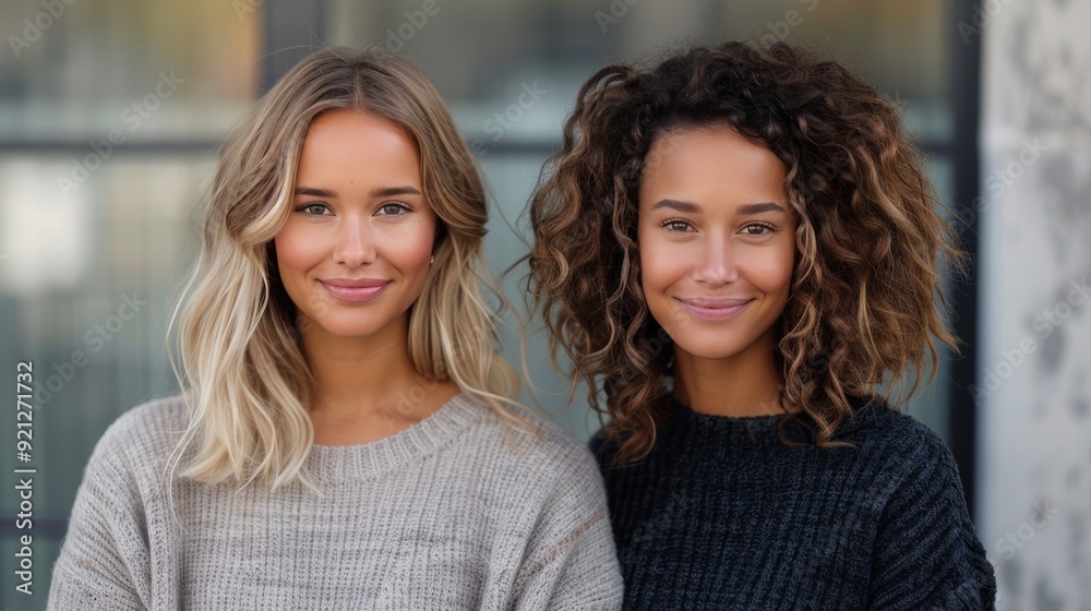 Two Young Women Smiling Together in Cozy Sweaters Indoors on a Bright Day Two Young Women Smiling Together in Cozy Sweaters Indoors on a Bright Day