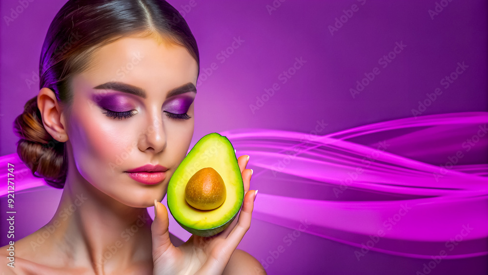 Radiant beauty meets healthy lifestyle: captivating young woman with vibrant makeup holds an avocado slice against purple background for social media and blog visuals Radiant beauty meets healthy lifestyle: captivating young woman with vibrant makeup holds an avocado slice against purple background for social media and blog visuals