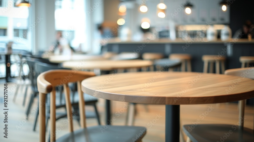Modern Coffee Shop Interior With Wooden Tables and Warm Lighting