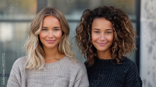Two Young Women Smiling Together in Cozy Sweaters Indoors on a Bright Day