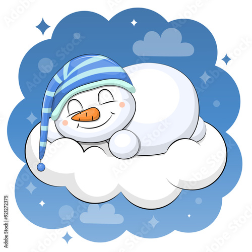 A cute cartoon snowman in a nightcap sleeps on a cloud. Night vector illustration with blue background.