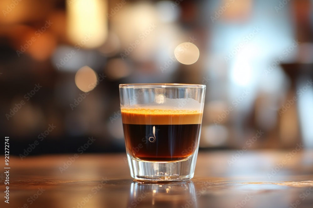 Espresso shot in a glass cup on a wooden table Espresso shot in a glass cup on a wooden table