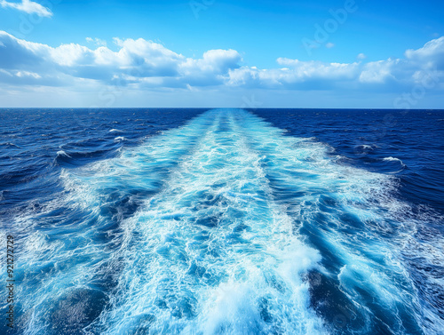 Waves, foam and wake caused by cruise ship in the sea. Atlantic ocean with blue water on a sunny day.