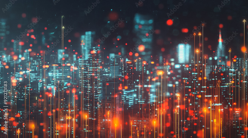 Smart digital city with connection network that is at the cutting edge of innovation in technology and business with bright, modern skyscrapers. Backgrounds for technology and charts and graphs

