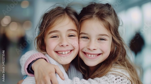 Two Happy Girls Embracing in a Bright Indoor Setting During Daytime