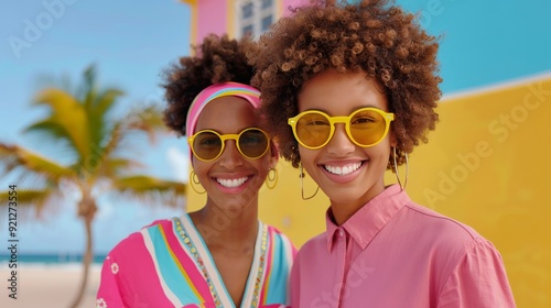Friends Smiling in Colorful Outfits at Beachside Location on a Sunny Day