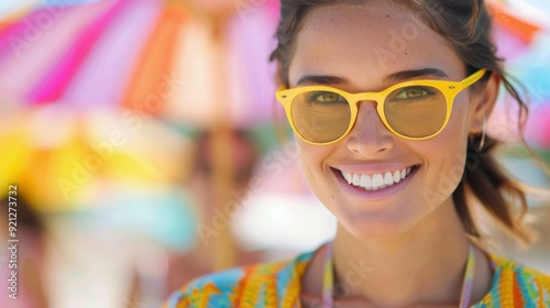 Friends Smiling in Colorful Outfits at Beachside Location on a Sunny Day