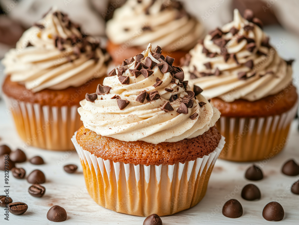 Cupcakes with coffee cream poured with chocolate on a light background Cupcakes with coffee cream poured with chocolate on a light background