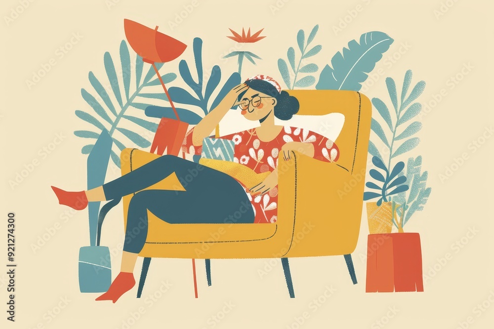 Fototapeta premium A woman sitting in a chair, engrossed in reading a book, Illustrations of the importance of rest and self-care in maintaining a healthy work-life balance