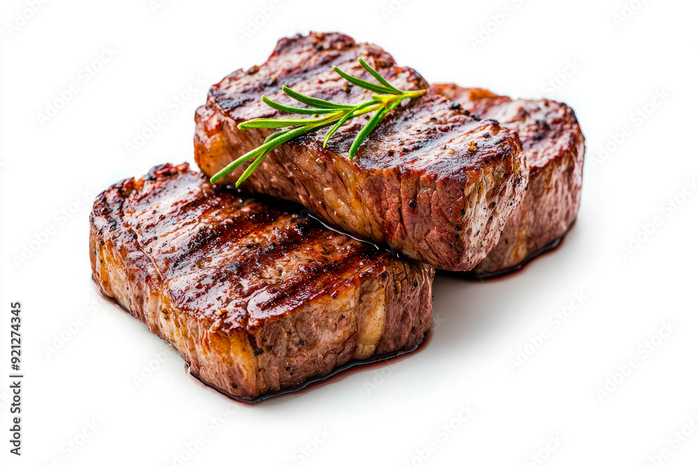 Juicy beef steak grilled with aromatic herbs isolated on white background Juicy beef steak grilled with aromatic herbs isolated on white background