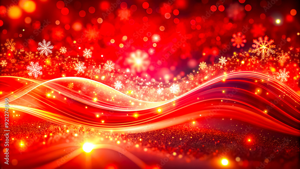 Obraz premium Abstract Captivating 3D Christmas Background with Vibrant Red Light Waves and Sparkling Snowflakes Perfect for Holiday-Themed Promotions, Immersive Digital Art, Wallpapers and High-Impact Visuals. 