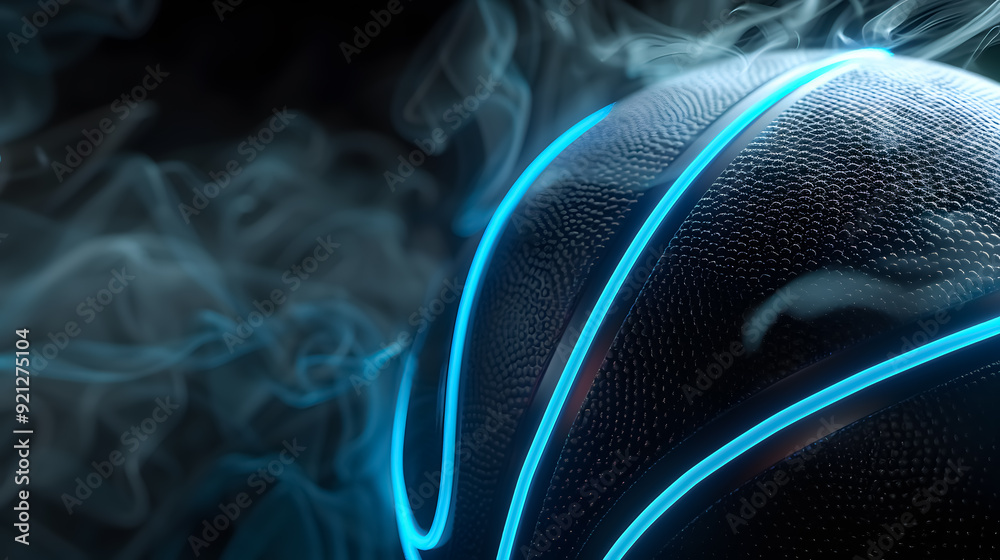 A black basketball with bright blue glowing neon lines, set against a black background
