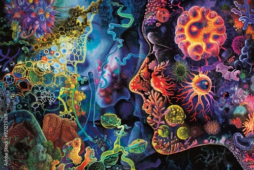 A painting showcasing a variety of organisms inhabiting a persons head, reflecting the fusion of biotechnology and nature, Imagine a future where biotechnology shapes new forms of art and expression