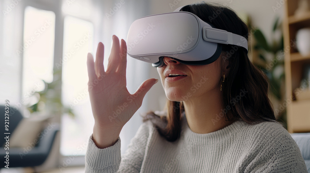 a woman wearing virtual reality device a woman wearing virtual reality device