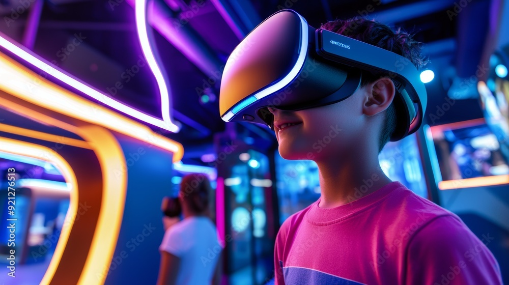 a young boy wearing virtual reality device a young boy wearing virtual reality device