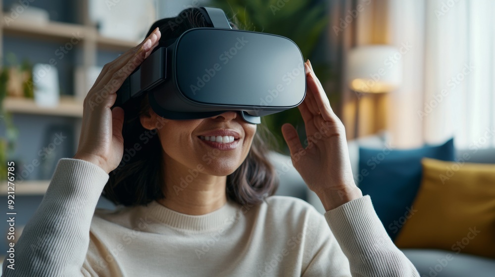 a woman wearing virtual reality device a woman wearing virtual reality device