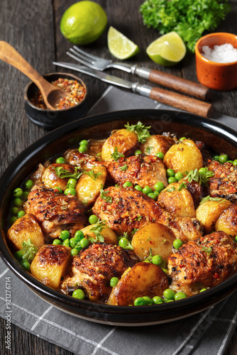 Chicken Vesuvio in a baking dish, top view