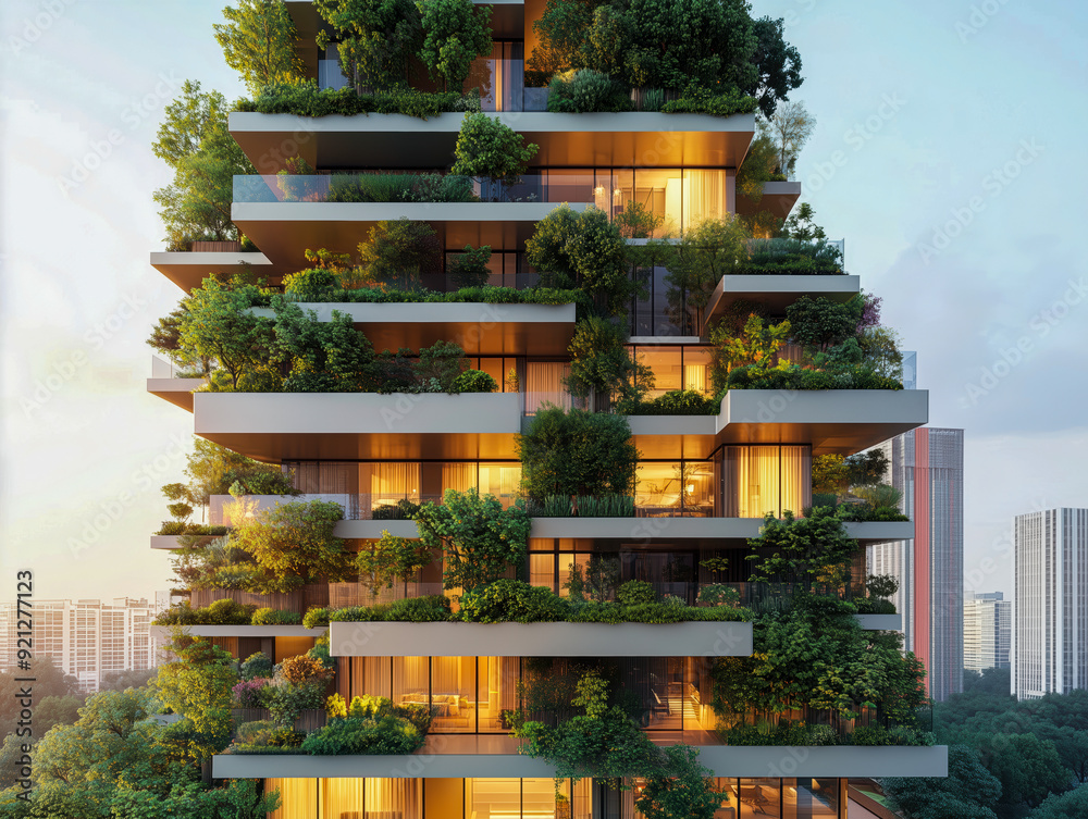 Modern and ecological skyscrapers with many trees on each balcony Modern and ecological skyscrapers with many trees on each balcony