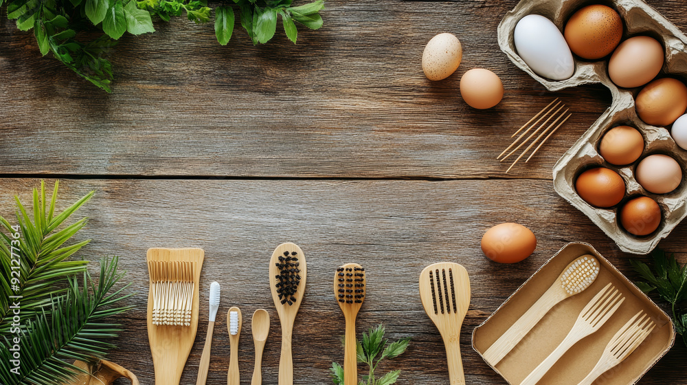 A frame of bamboo cutlery, a carton egg box, a cosmetic brush, toothbrushes, a hair comb, wooden pins, and other natural, eco-friendly items arranged on a wooden table. This setup highlights the zero A frame of bamboo cutlery, a carton egg box, a cosmetic brush, toothbrushes, a hair comb, wooden pins, and other natural, eco-friendly items arranged on a wooden table. This setup highlights the zero