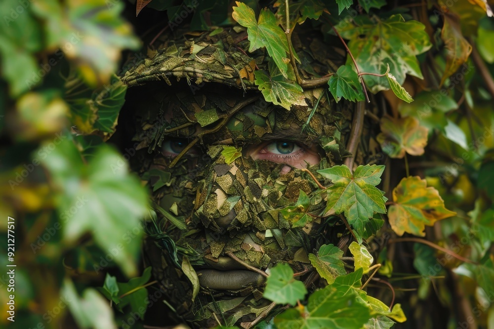 A man wearing camouflage hides behind dense ivy foliage, Imagine a hunter using camouflage to blend into their surroundings A man wearing camouflage hides behind dense ivy foliage, Imagine a hunter using camouflage to blend into their surroundings