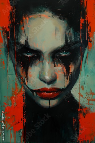 woman blood dripping down face joker smile nostalgic melancholic wide golden eyes red lips domino mask faces defiant girl black hair oil gaze downcast