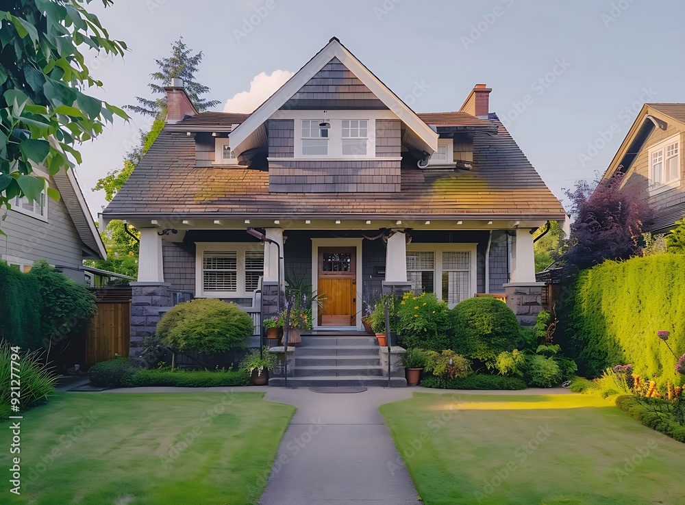 Photo of an American style house in the city, with grey walls and white trim, brown roof shingles Photo of an American style house in the city, with grey walls and white trim, brown roof shingles