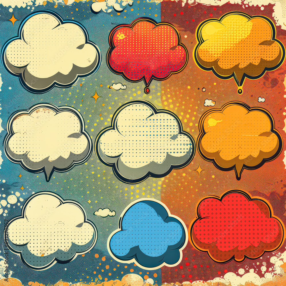 Fototapeta premium A drawing of clouds with red balloons that are floating in the sky. The balloons are shaped like speech bubbles and are scattered throughout the sky. Scene is playful and whimsical