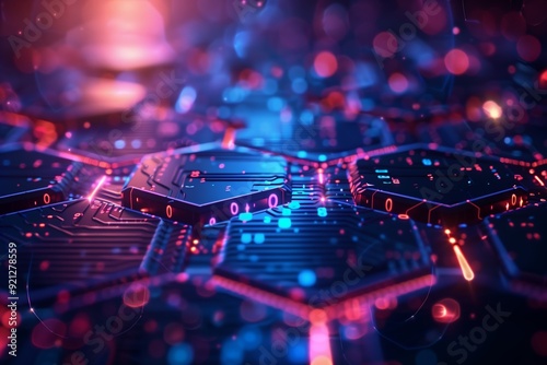 Hexagonal circuit elements illuminated by neon lights, representing a futuristic digital network and advanced technology
