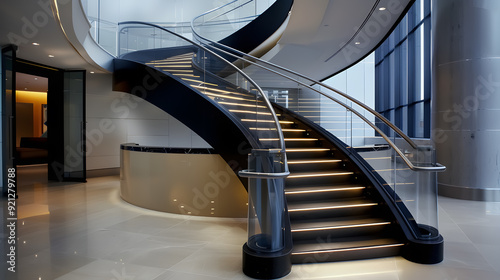 A bold, curved modern staircase featuring recessed lighting accents, blackened steel