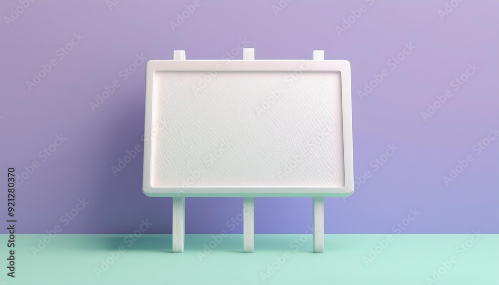 A blank white signboard stands against a pastel purple and mint green background, perfect for customization and creative projects. A blank white signboard stands against a pastel purple and mint green background, perfect for customization and creative projects.