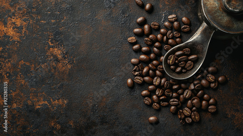 A metal spoon filled with coffee beans lies next to a coffee maker on a dark textured background. The arrangement is viewed from above, with ample copy space around the objects.